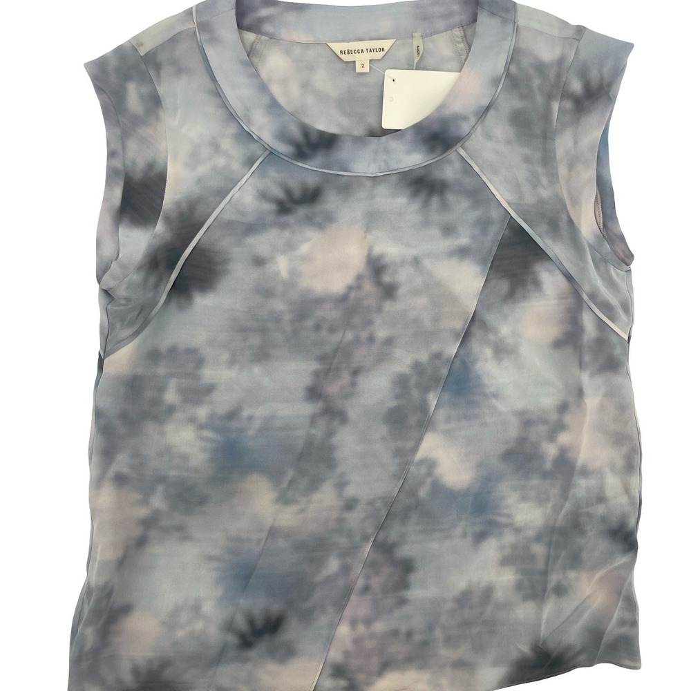 Rebecca Taylor Women's Blouse Tie Dye Blue Grey Silk Size 2